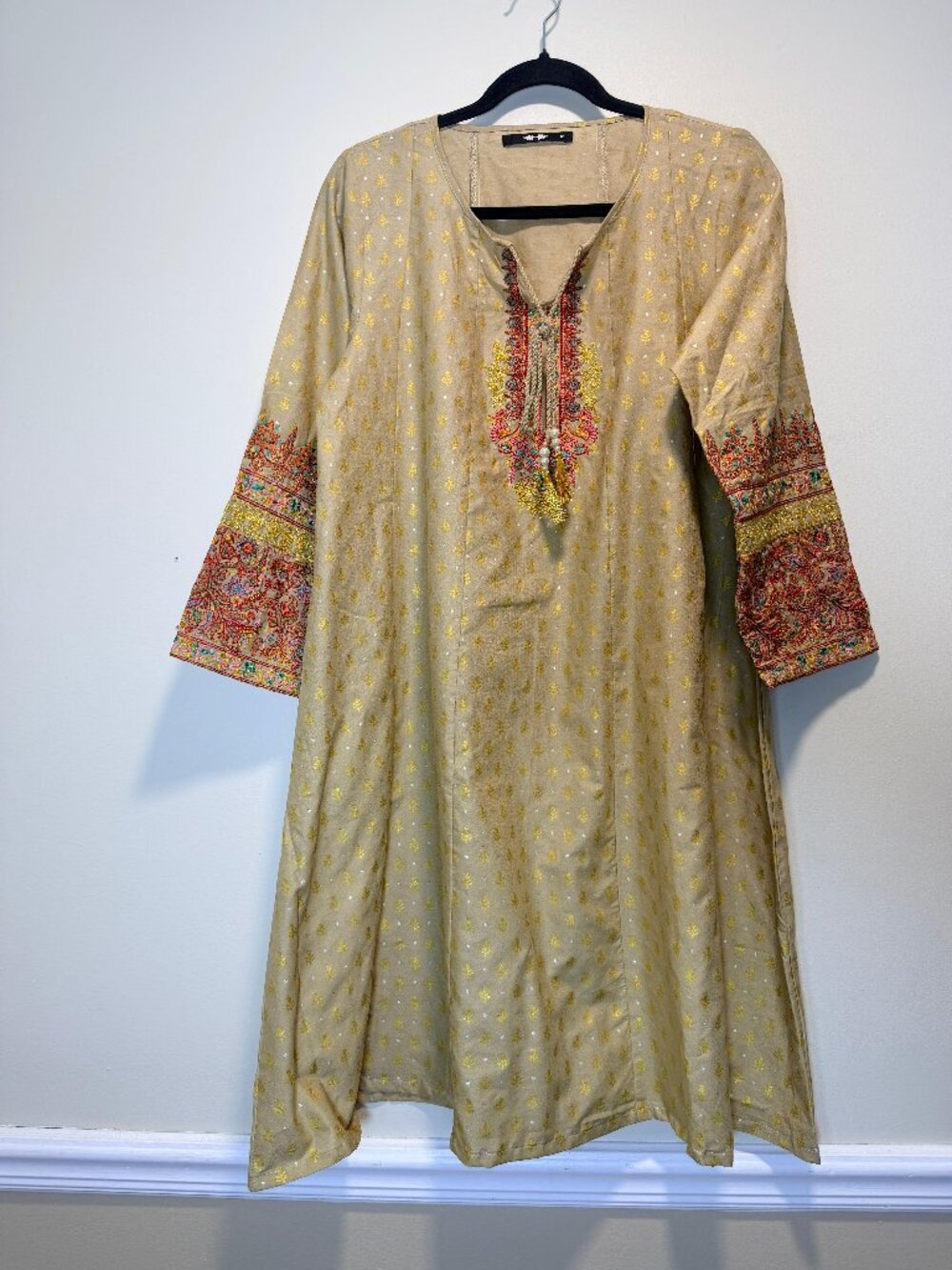 Size 12 Embroidered Kurta Tunic Dress Beige Gold Boho Ethnic